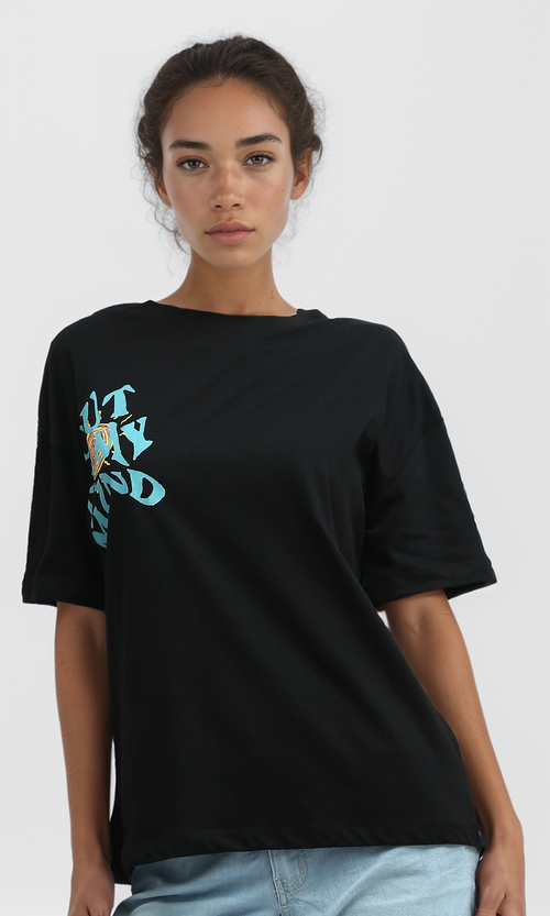 O198057 Regular Fit Black Tee With Front & Back Print