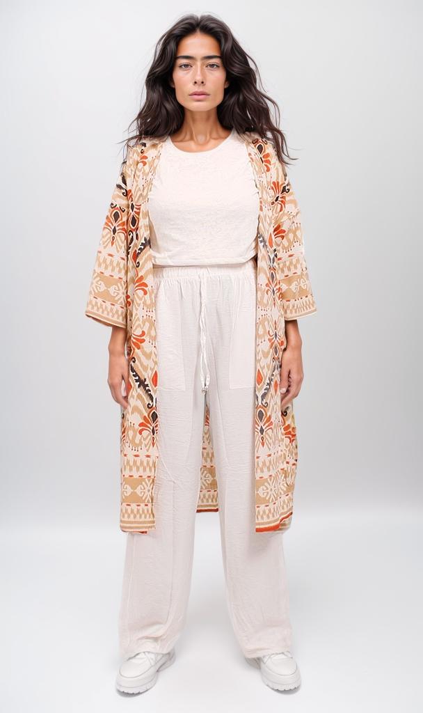 o198121-PRINTED KIMONO - ORANGE & WHITE