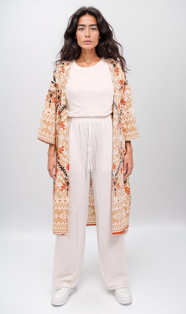 o198121-PRINTED KIMONO - ORANGE & WHITE