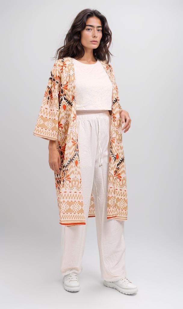 o198121-PRINTED KIMONO - ORANGE & WHITE