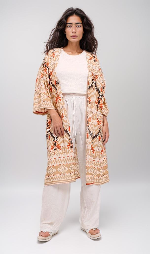 o198121-PRINTED KIMONO - ORANGE & WHITE