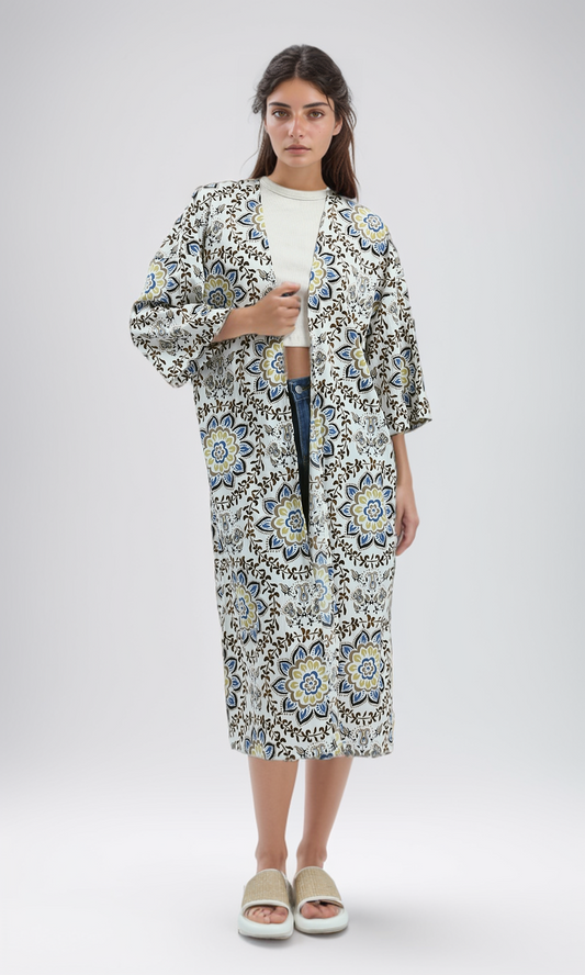 O198126 Blue & Beige Patterned Slip On Cardigan