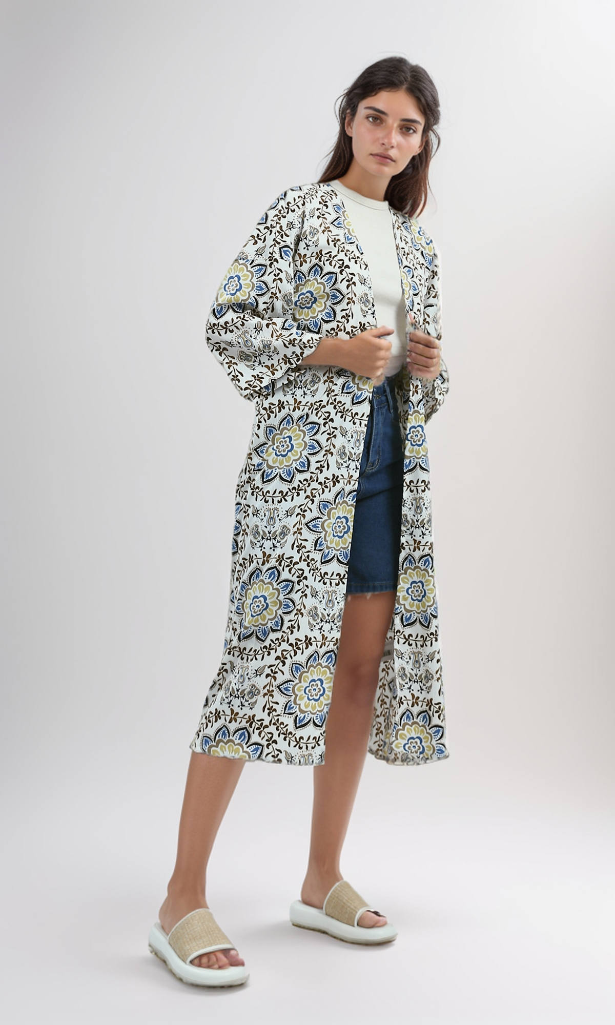 O198126 Blue & Beige Patterned Slip On Cardigan