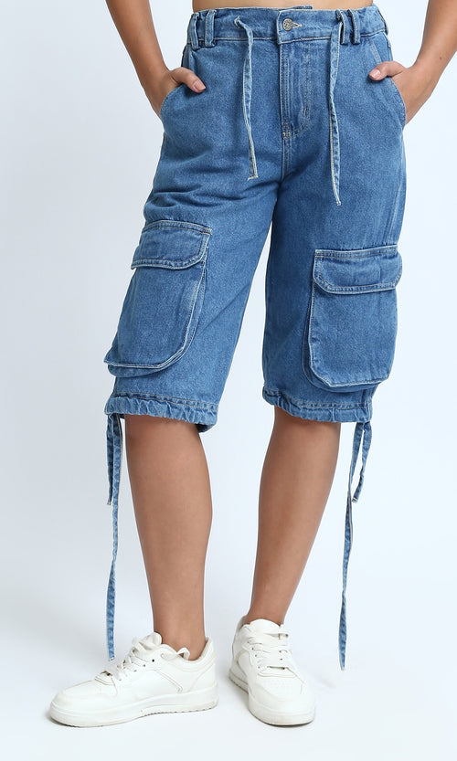 O198159 - Casual Multi-Pocket Short with Side Drawstring - Standard Blue