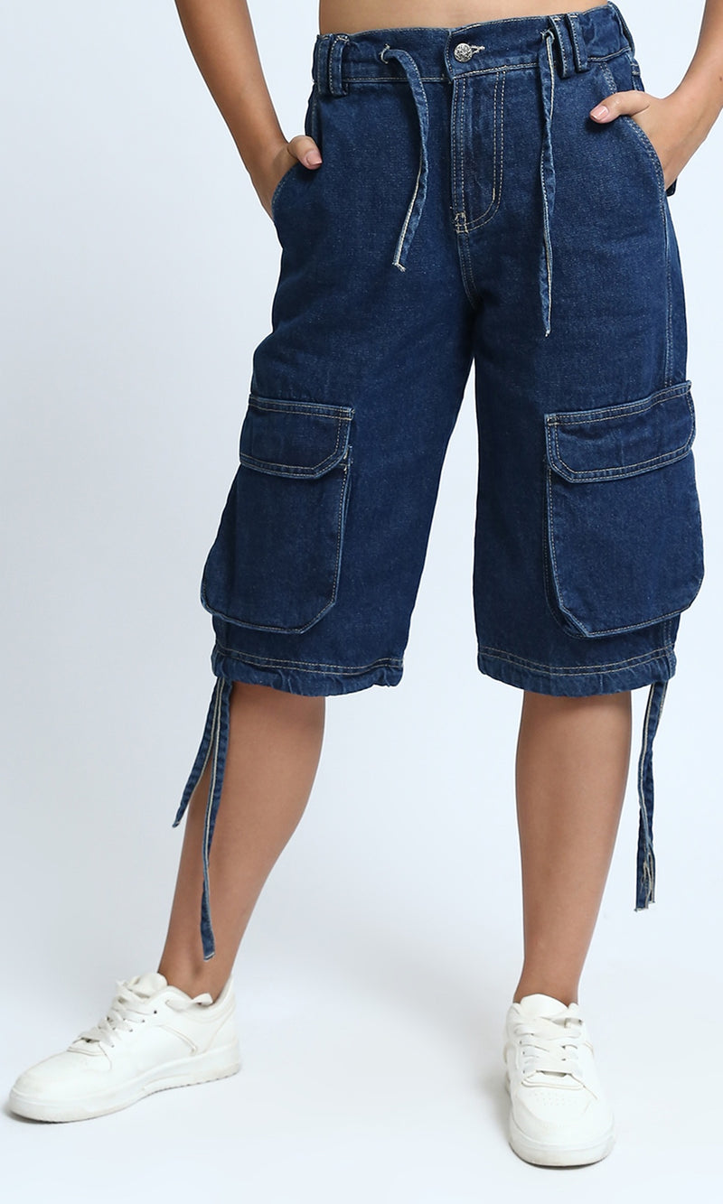 O198160 - Casual Multi-Pocket Short with Side Drawstring - Dark Jeans