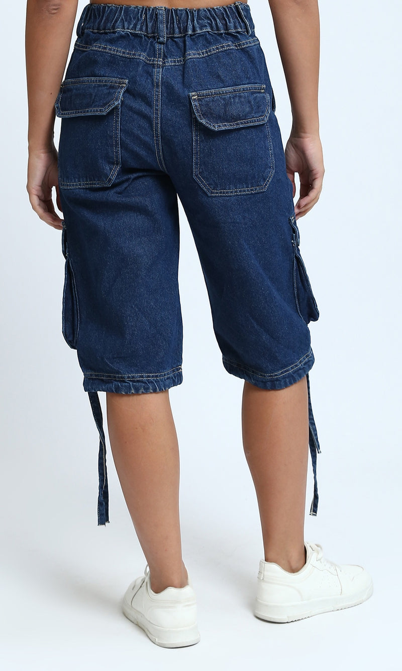 O198160 - Casual Multi-Pocket Short with Side Drawstring - Dark Jeans