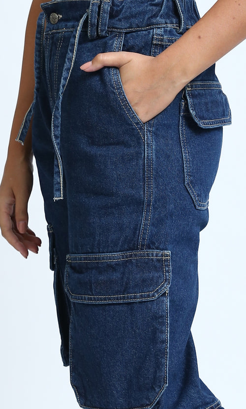 O198160 - Casual Multi-Pocket Short with Side Drawstring - Dark Jeans