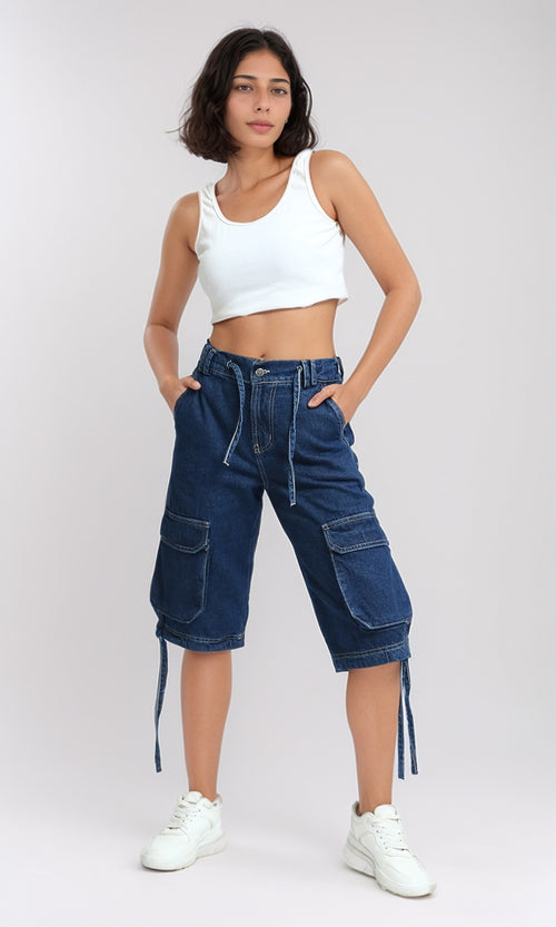 O198160 - Casual Multi-Pocket Short with Side Drawstring - Dark Jeans