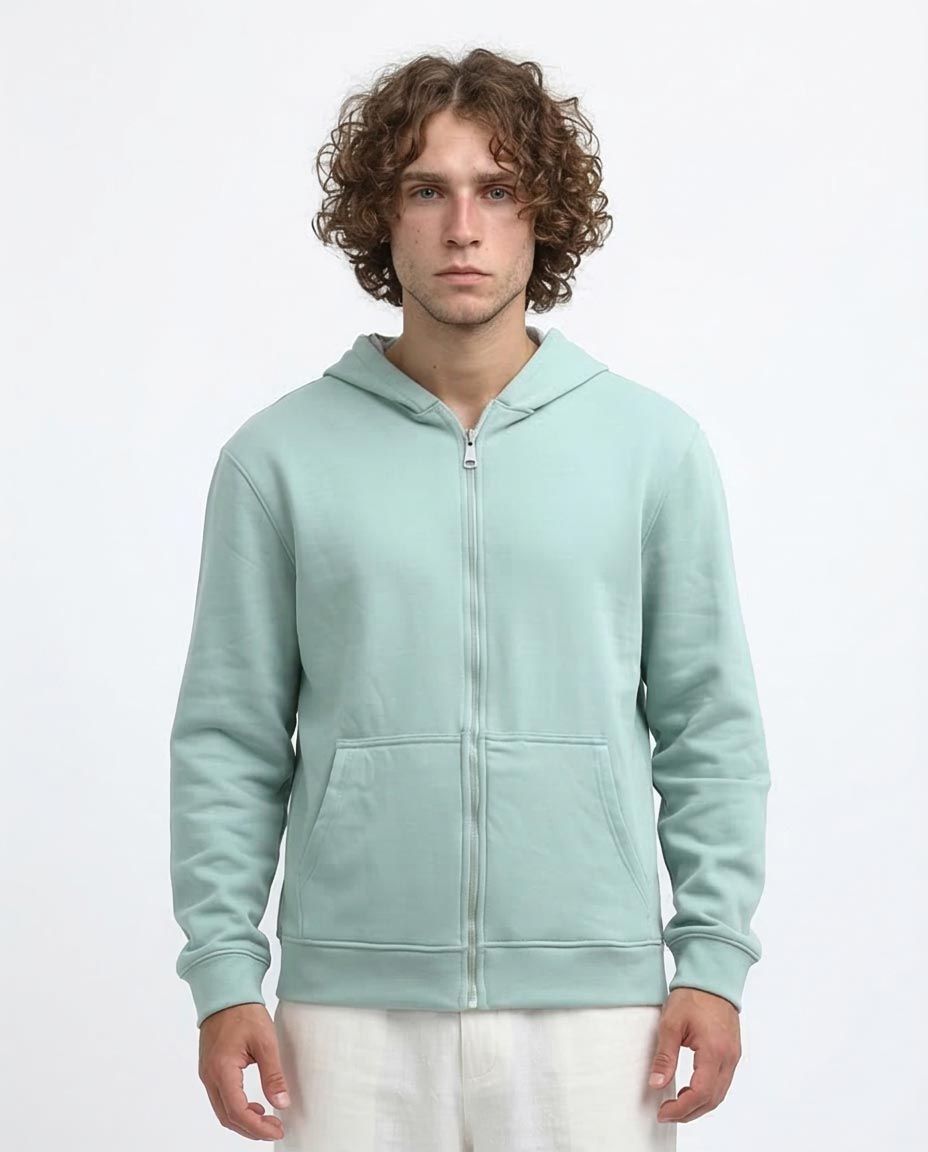 Mint Green Full Zip Minimalist Hoodie - 0198235