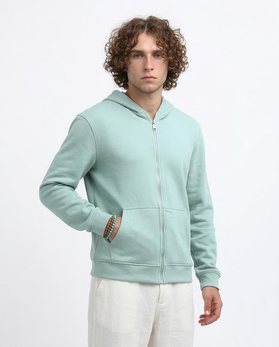 Mint Green Full Zip Minimalist Hoodie - 0198235