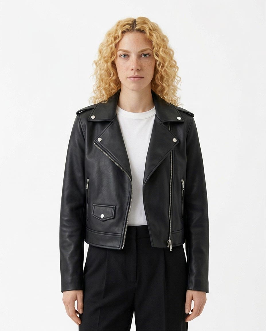 Ravin Women's Asymmetrical Cropped Biker Jacket in Black Faux Leather - O198255