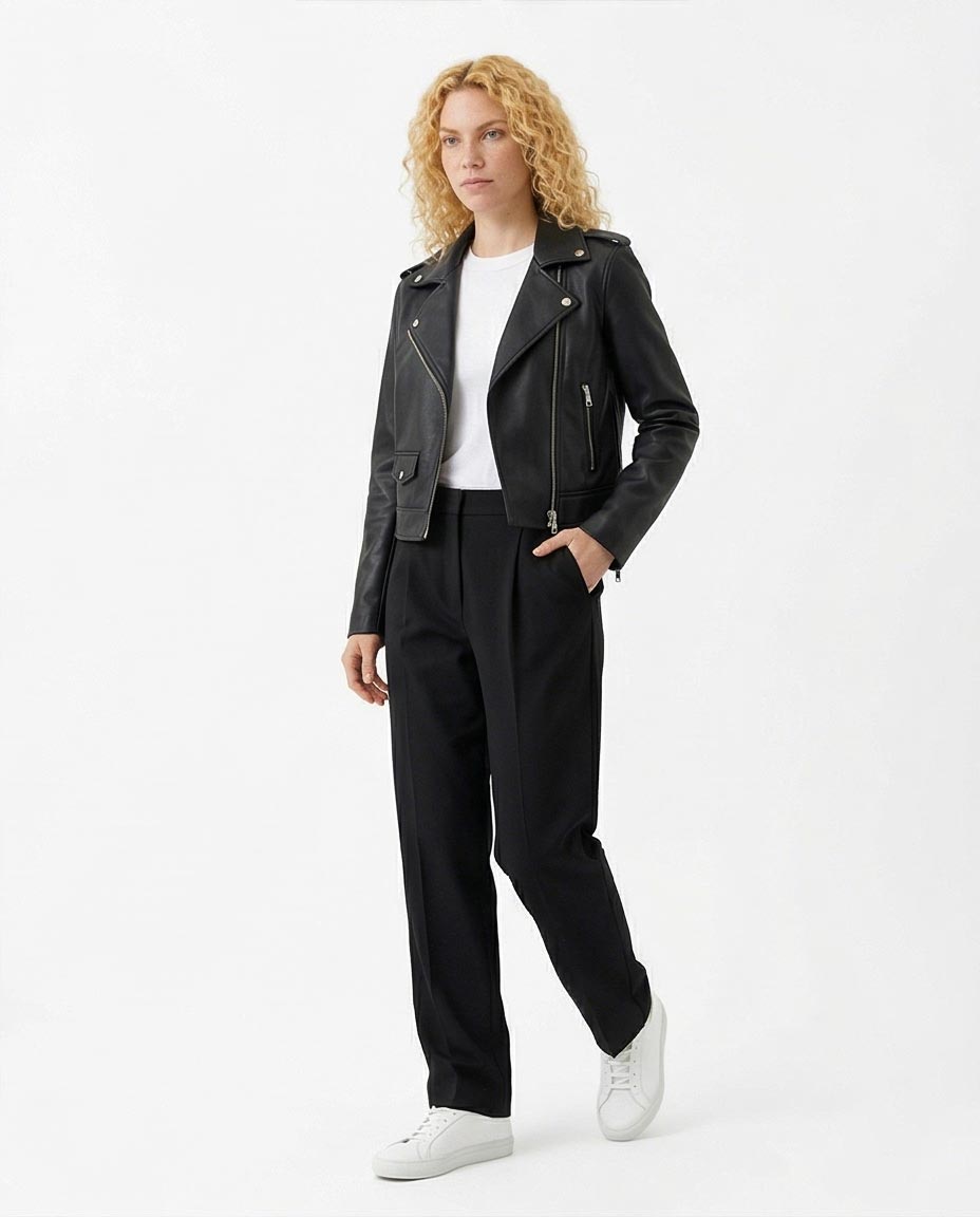 Ravin Women's Asymmetrical Cropped Biker Jacket in Black Faux Leather - O198255