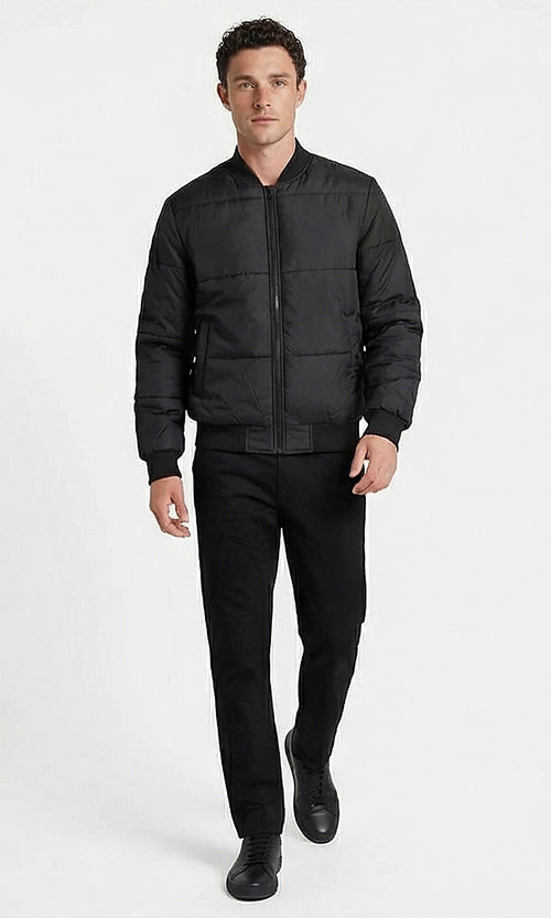 Sleek Urban Quilted Bomber Jacket in Midnight Black - O198256