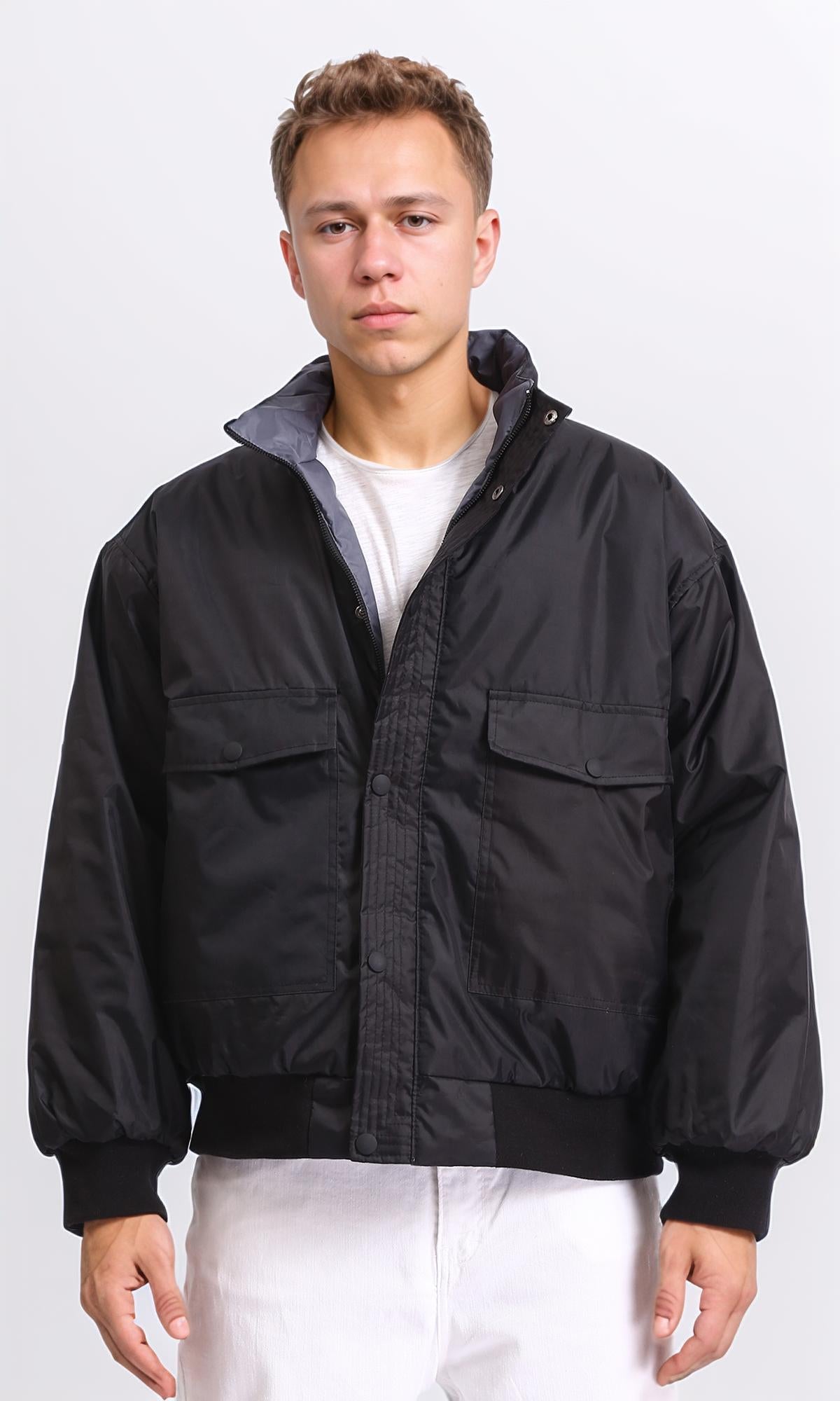 Double Face Buttoned Bomber Jacket - Grey & Black