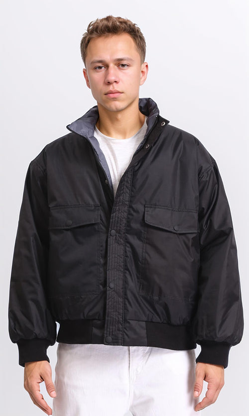 O198258 - Double Face Buttoned Bomber Jacket - Grey & Black