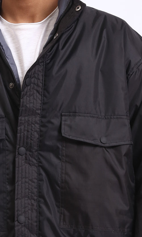 O198258 - Double Face Buttoned Bomber Jacket - Grey & Black