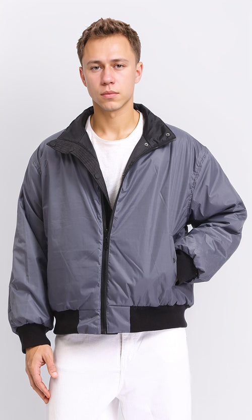 O198258 - Double Face Buttoned Bomber Jacket - Grey & Black
