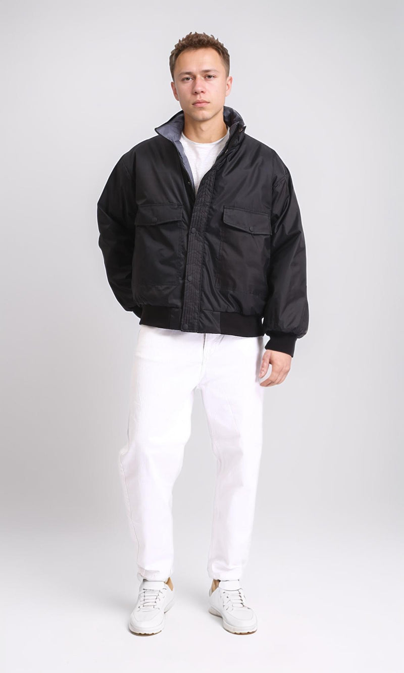 O198258 - Double Face Buttoned Bomber Jacket - Grey & Black