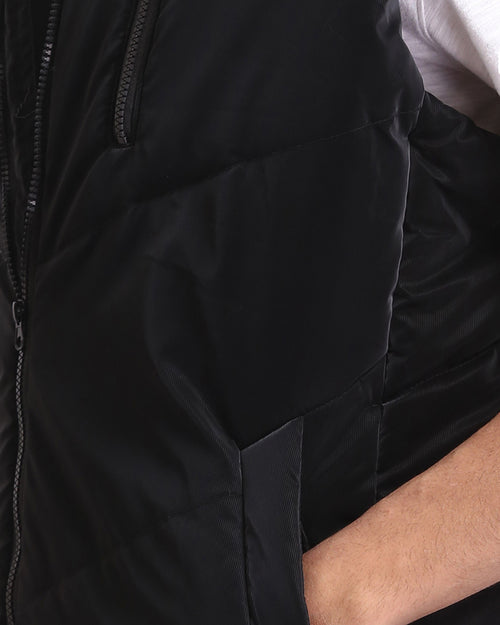 Ravin Men's Chevron-Quilted Puffer Vest with Detachable Hood - Black - O198261