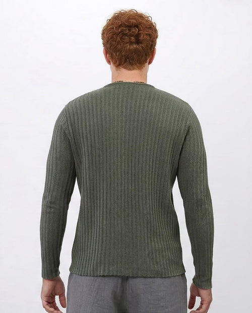 Ravin Essentials: The Moss Green Vertical Ribbed Crew Neck Pullover - Olive Green - O198291