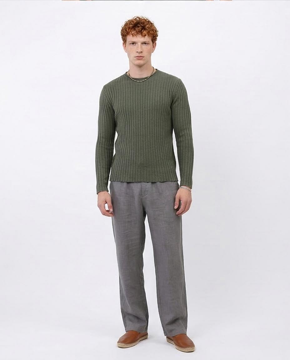 Ravin Moss Green Vertical Ribbed Crew Neck Knit Pullover - O198291