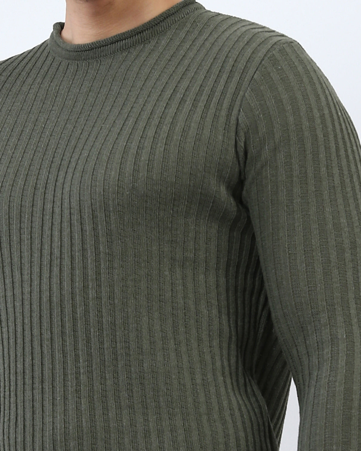 Ravin Moss Green Vertical Ribbed Crew Neck Knit Pullover - O198291