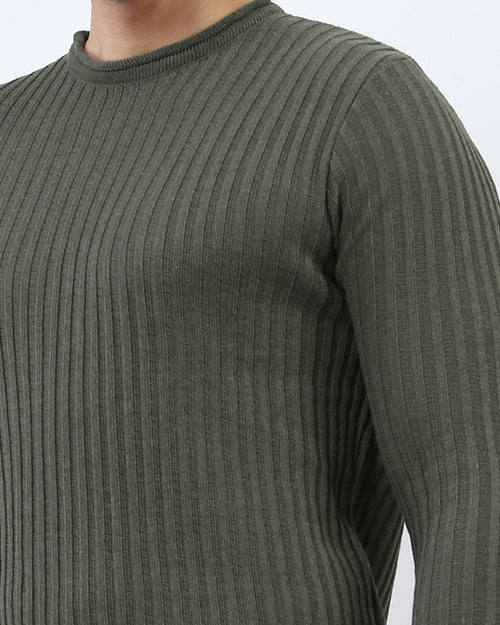 Ravin Essentials: The Moss Green Vertical Ribbed Crew Neck Pullover - Olive Green - O198291