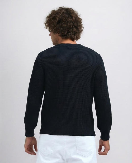 Ravin Men’s Premium Waffle-Knit Crew Neck Pullover- Black - o198292