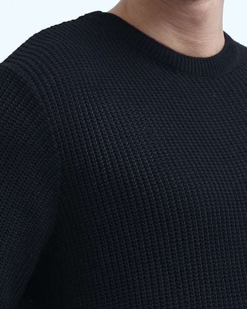 Ravin Men’s Premium Waffle-Knit Crew Neck Pullover- Black - o198292