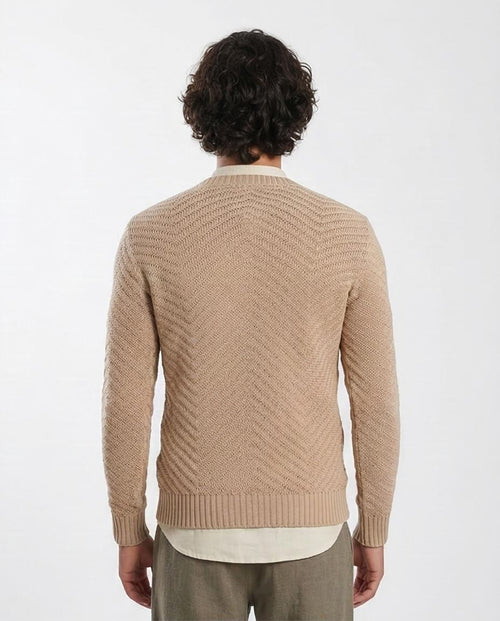 Ravin Chevron-Textured Crew Neck Knit Sweater - Beige - O198301