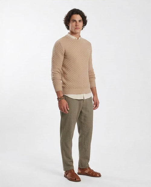 Ravin Chevron-Textured Crew Neck Knit Sweater - Beige - O198301