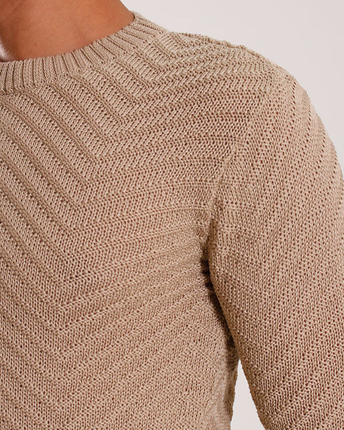 Ravin Chevron-Textured Crew Neck Knit Sweater - Beige - O198301