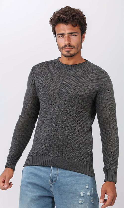 O198303 Ribbed Crew Neck Slip On Pullover - Dark Grey