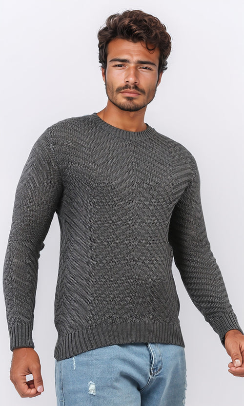 O198303 Ribbed Crew Neck Slip On Pullover - Dark Grey