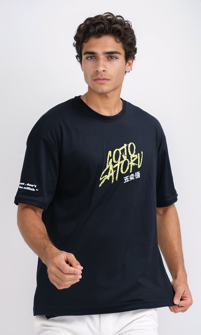 O198307 - Front & Back Printed Tee with Elbow Sleeves - Black