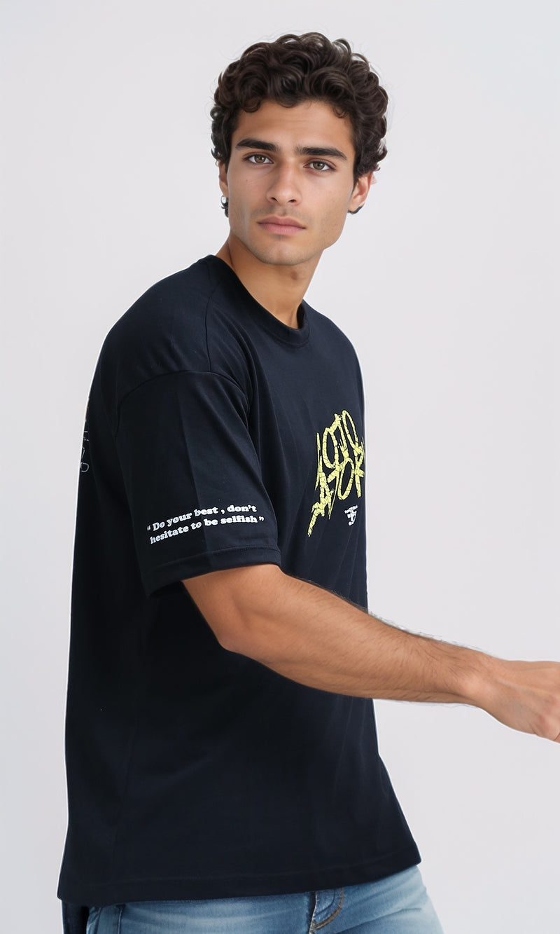 O198307 - Front & Back Printed Tee with Elbow Sleeves - Black