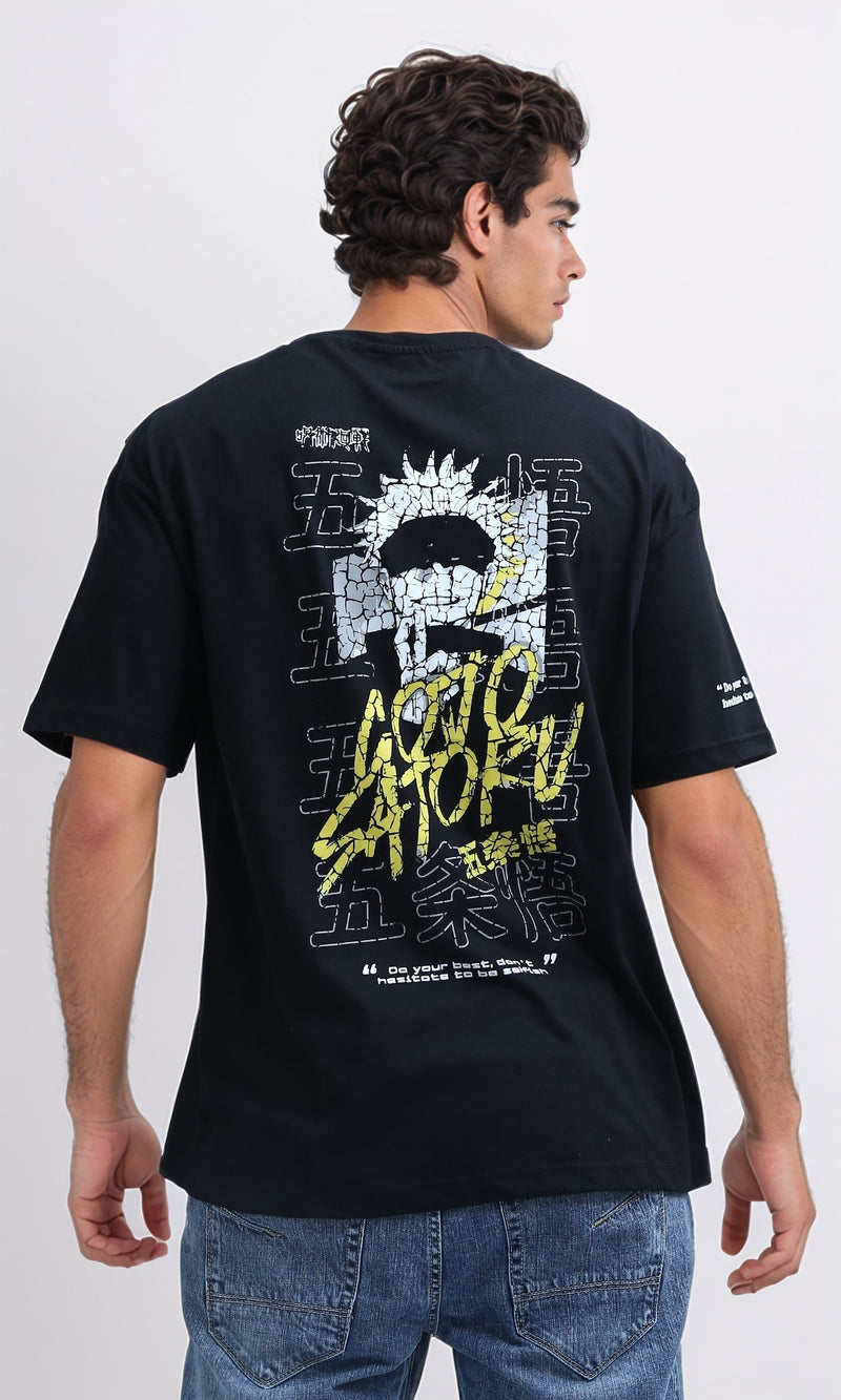 O198307 - Front & Back Printed Tee with Elbow Sleeves - Black