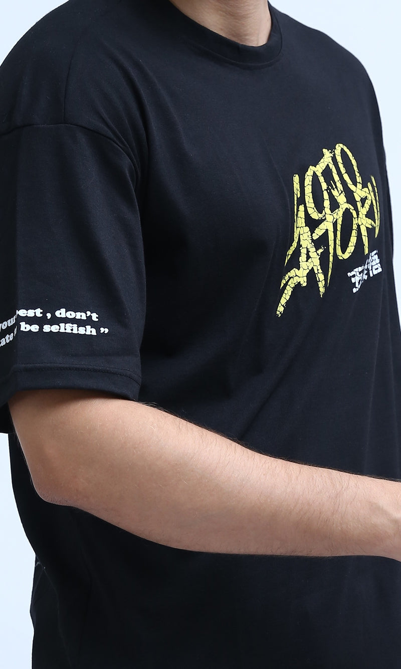 O198307 - Front & Back Printed Tee with Elbow Sleeves - Black