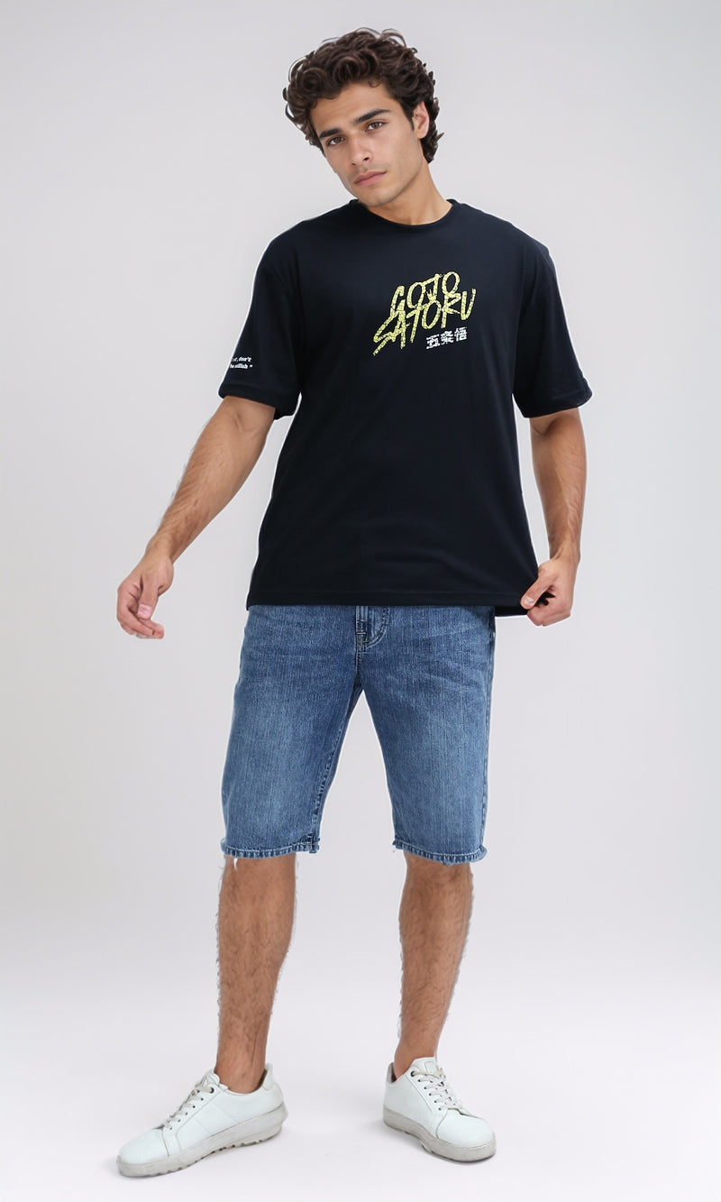 O198307 - Front & Back Printed Tee with Elbow Sleeves - Black