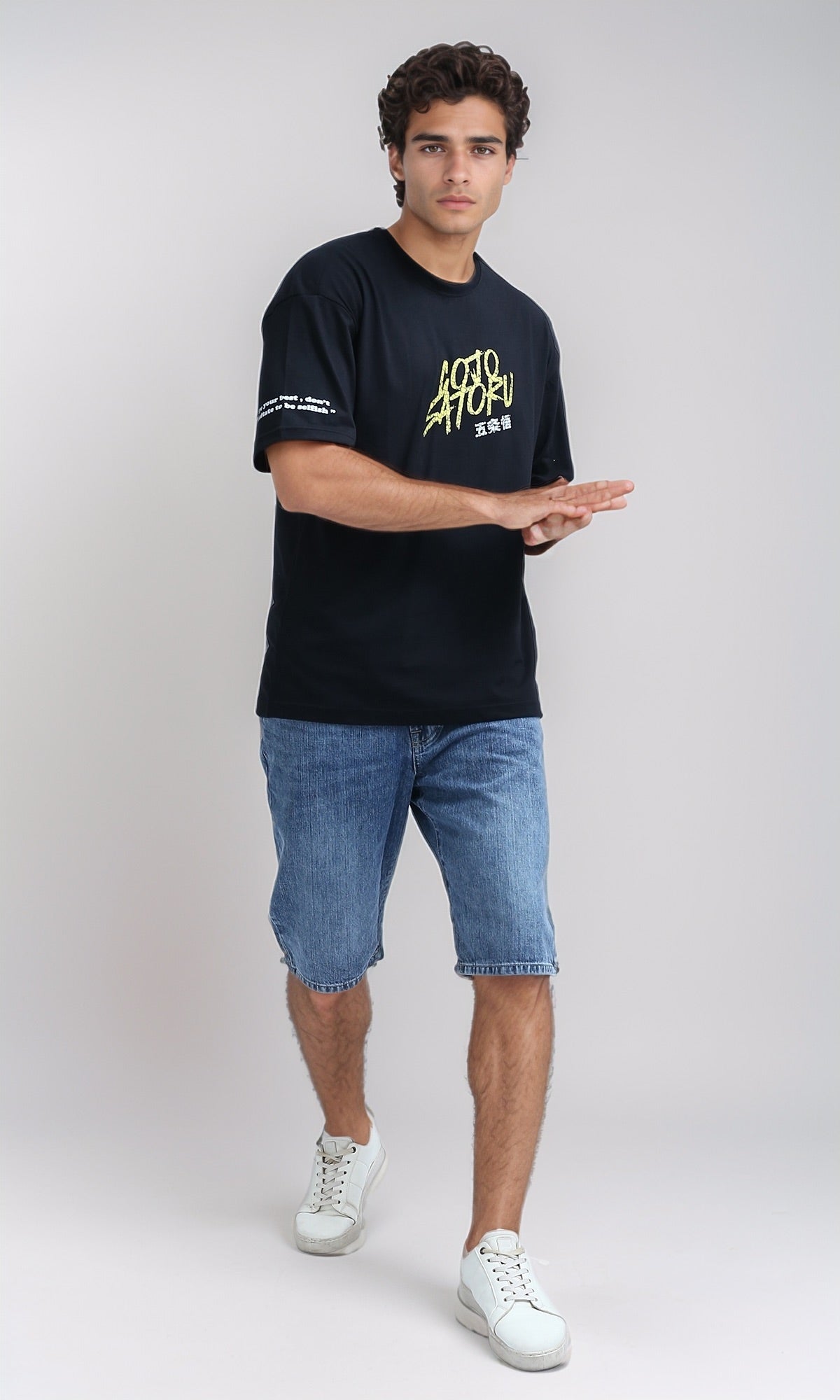 O198307 - Front & Back Printed Tee with Elbow Sleeves - Black
