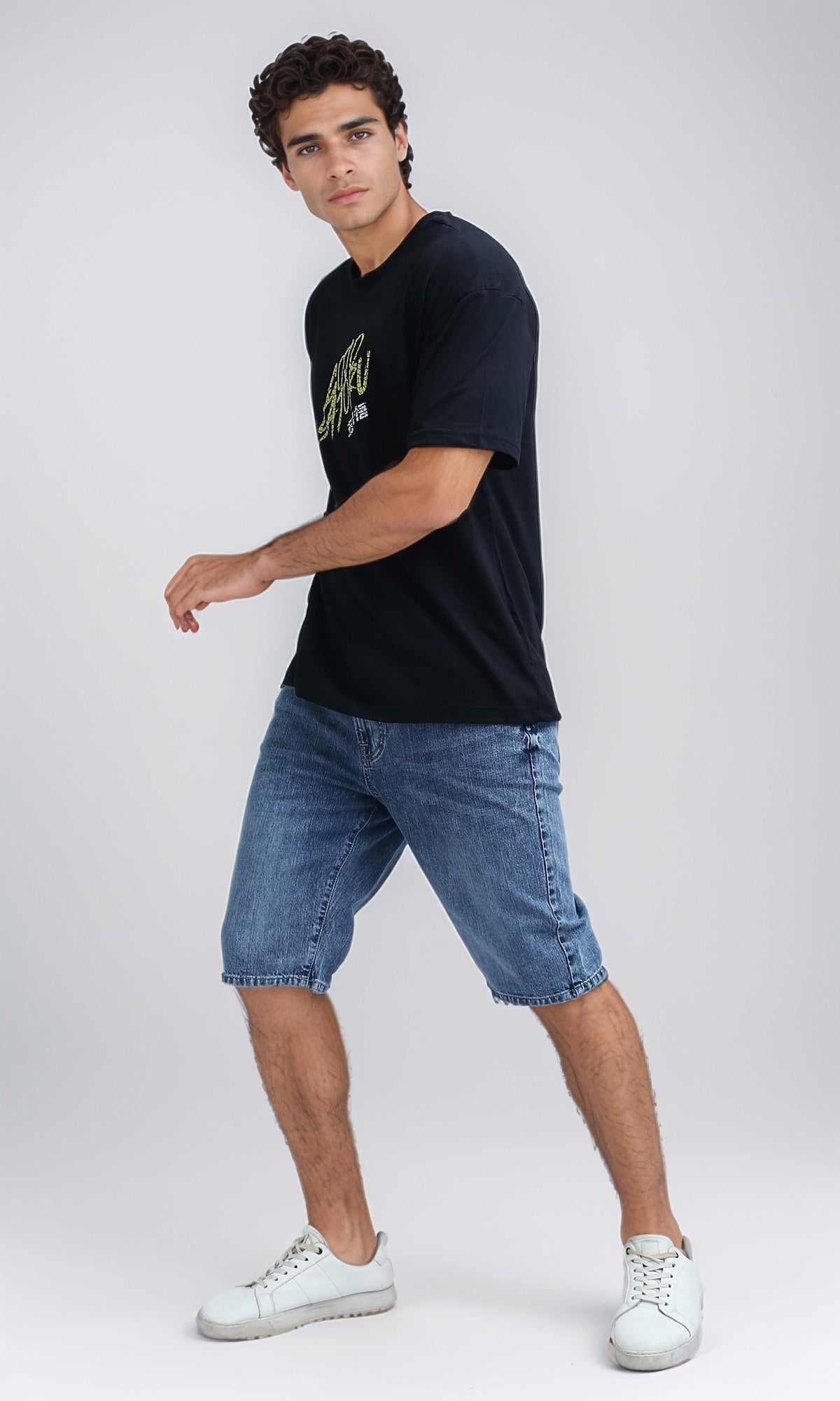 O198307 - Front & Back Printed Tee with Elbow Sleeves - Black
