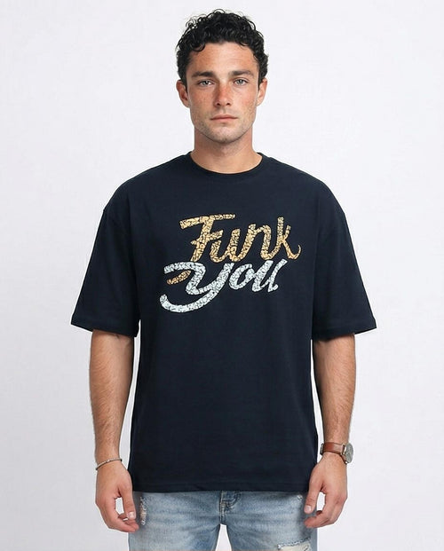 Man wearing a black t-shirt with 'Funk You' text on a plain background