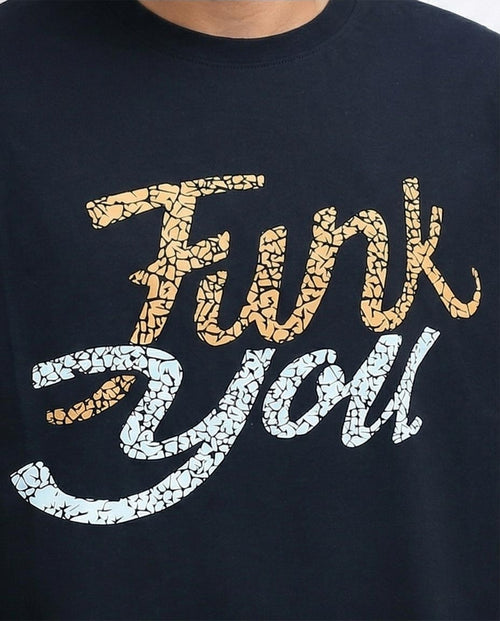 O198313 تي شيرت رافين رجالي كبير الحجم بطبعة "Funk You" - تي شيرت شارع أسود -أسود (MST)