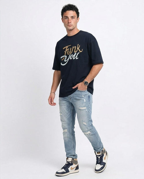 O198313 تي شيرت رافين رجالي كبير الحجم بطبعة "Funk You" - تي شيرت شارع أسود -أسود (MST)