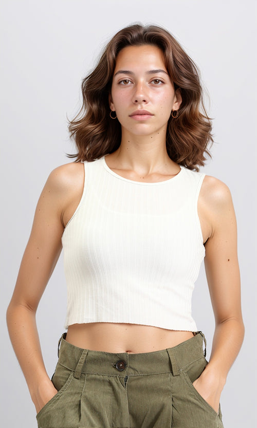 O198423 - Ribbed Sleeveless Cropped Tank Top - White