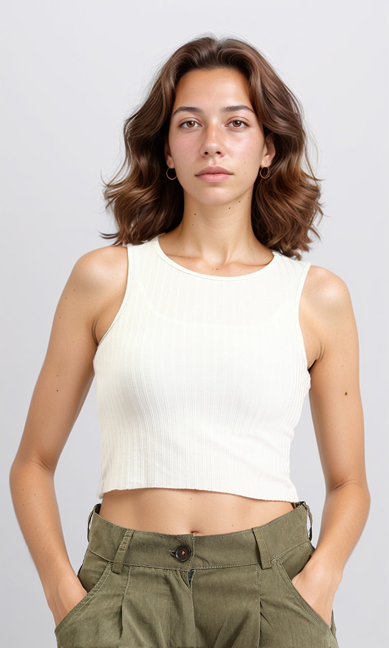 O198423 - Ribbed Sleeveless Cropped Tank Top - White