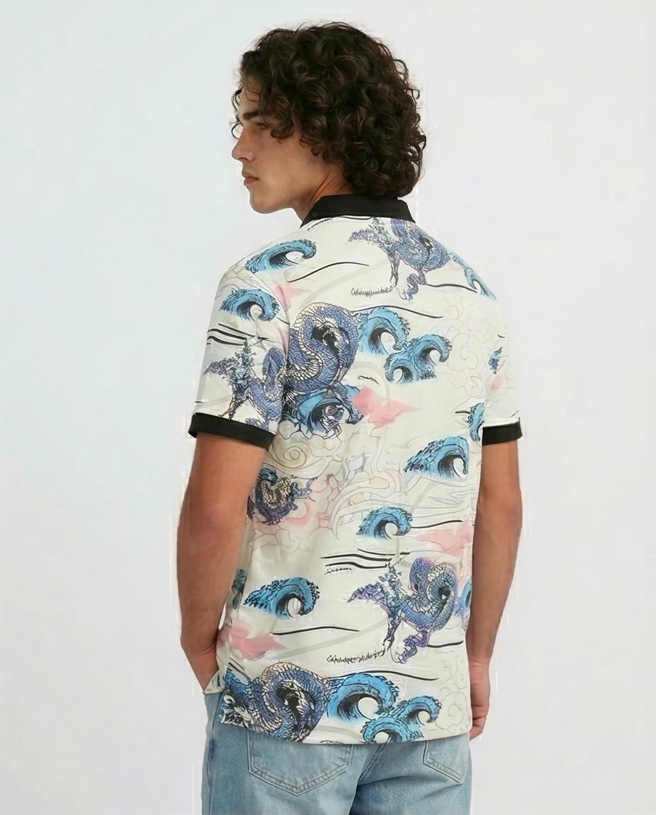 Men's All-Over Oriental Wave Print Polo - O198431