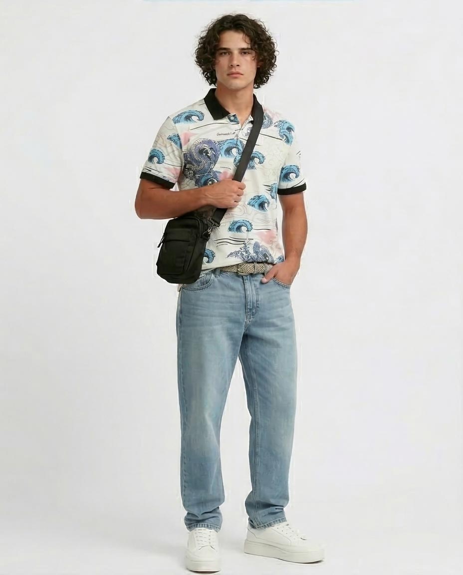 Men's All-Over Oriental Wave Print Polo - O198431