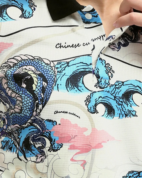 Ravin | Men’s Oriental Dragon & Wave Print Piqué Polo - O198431