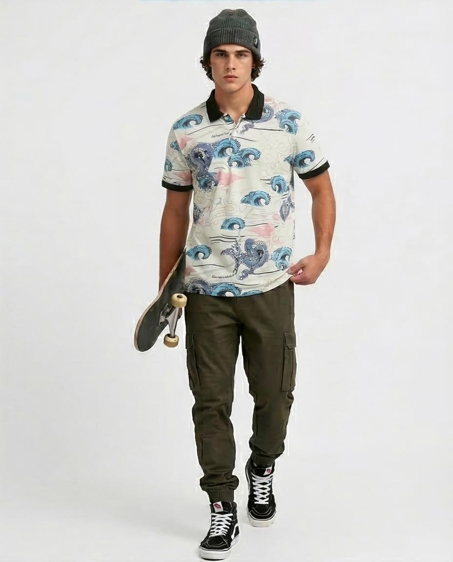 Men's All-Over Oriental Wave Print Polo - O198431